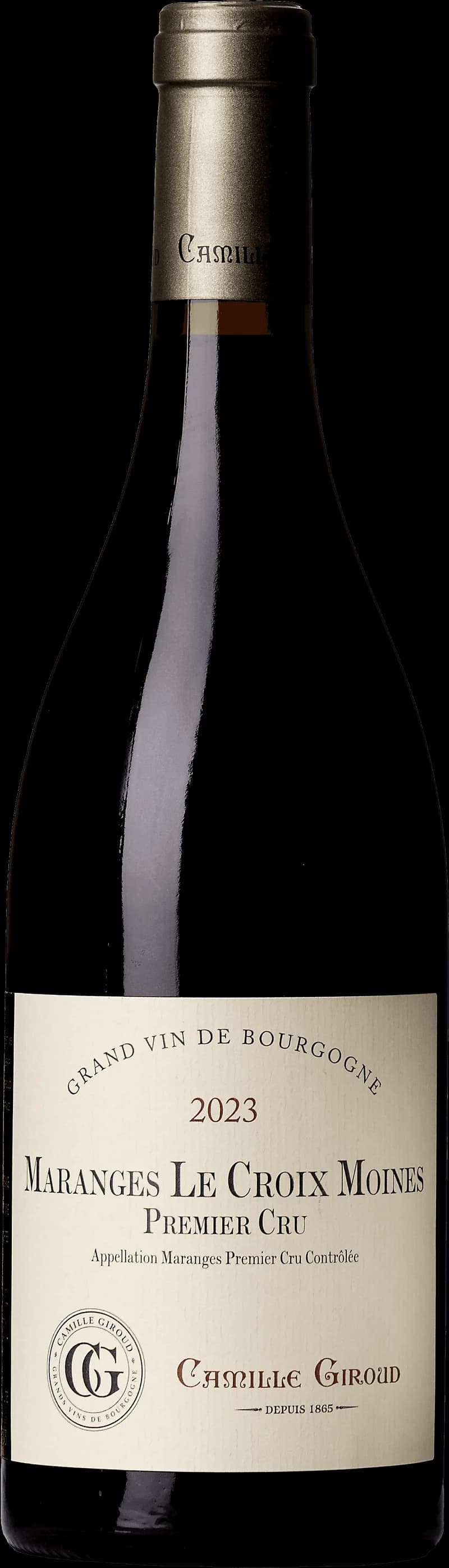 Flaska av rött vin Maranges Le Croix Moines Premier Cru från Bourgogne.