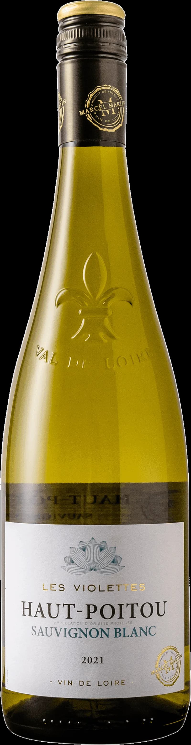 Flaska av vitt vin från Marcel Martin på en ljus bakgrund.