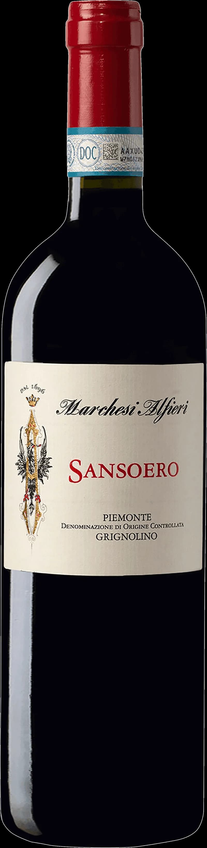 Flaska av rött vin från Marchesi Alfieri på en bordsservering.