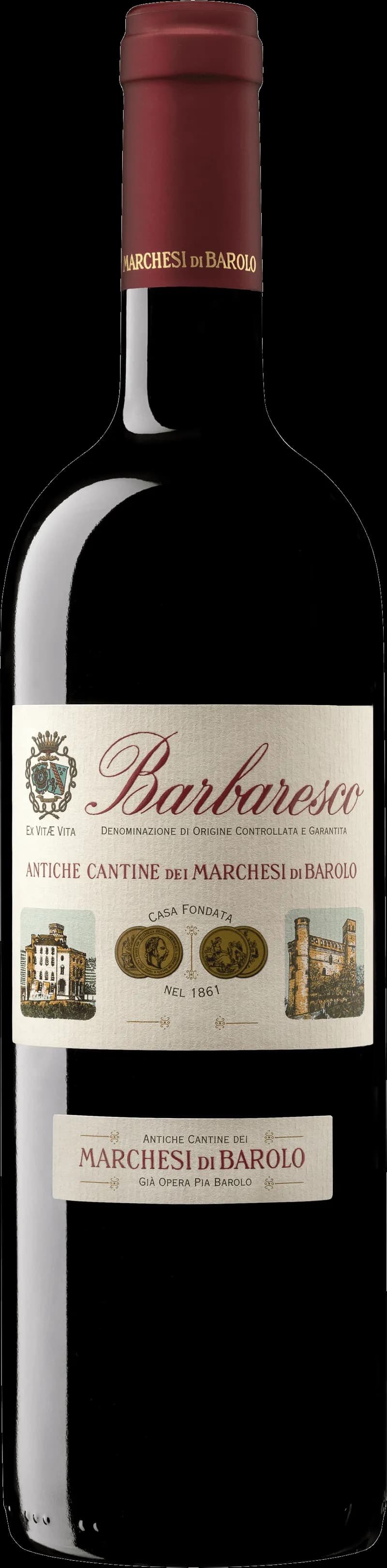 Flaska med Marchesi di Barolo rött vin mot mörk bakgrund