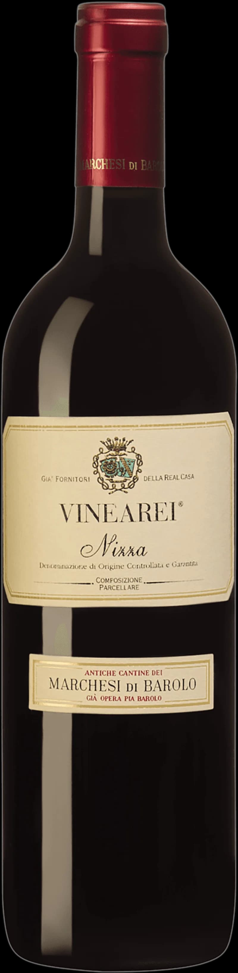 Flaska med Marchesi di Barolo rött vin mot mörk bakgrund