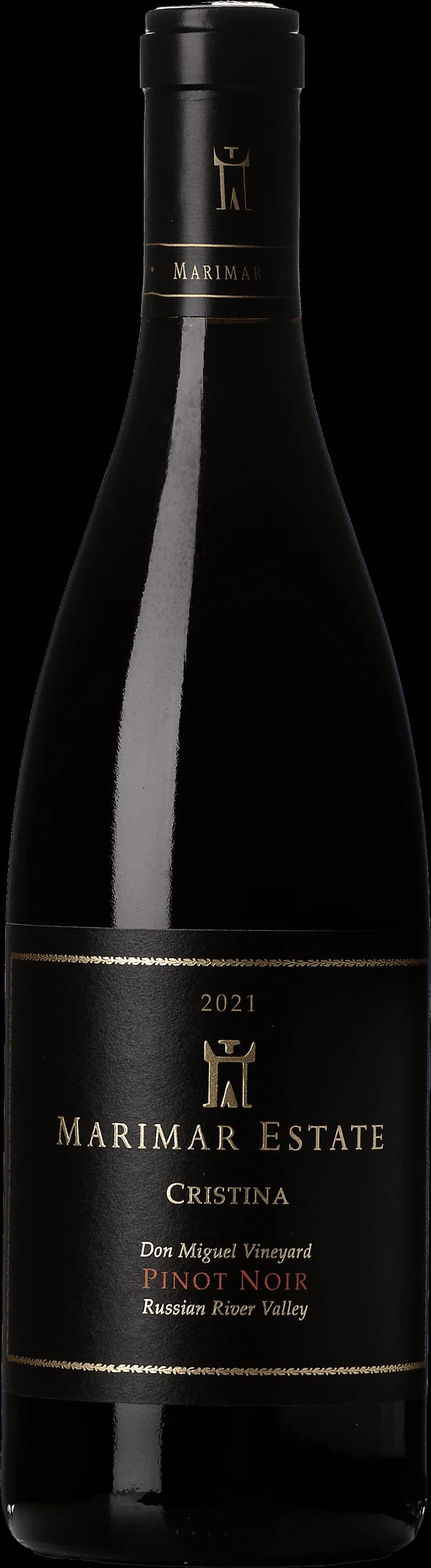 Flaska med Marimar rött vin på en bordsservering.