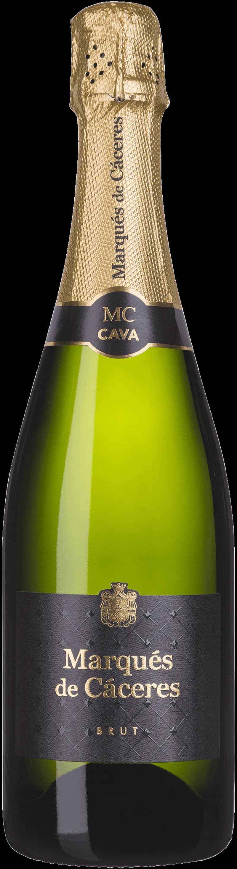 Flaska av Marqués de Cáceres mousserande vin mot ljus bakgrund.