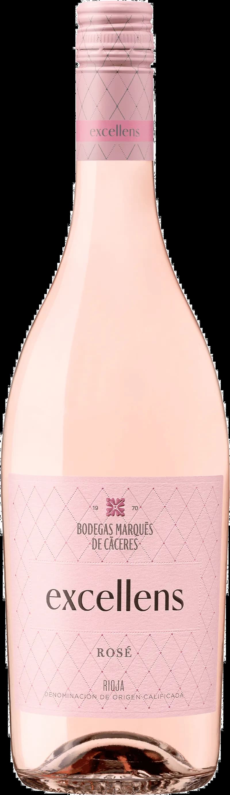 Flaska och glas med Marqués de Cáceres rosévin mot en ljus bakgrund.