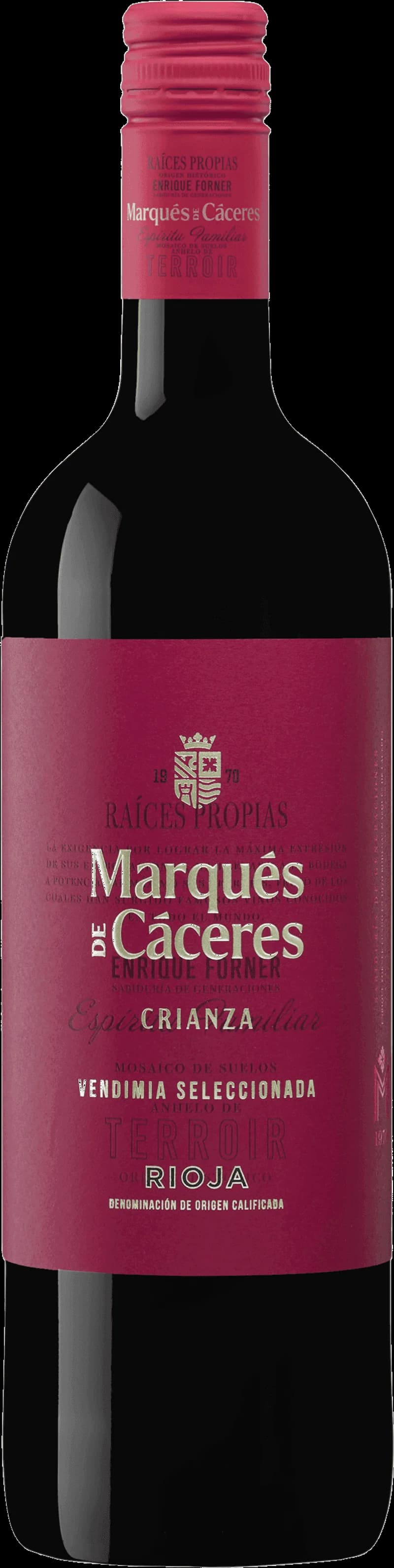 Flaska av Marqués de Cáceres rött vin mot neutral bakgrund