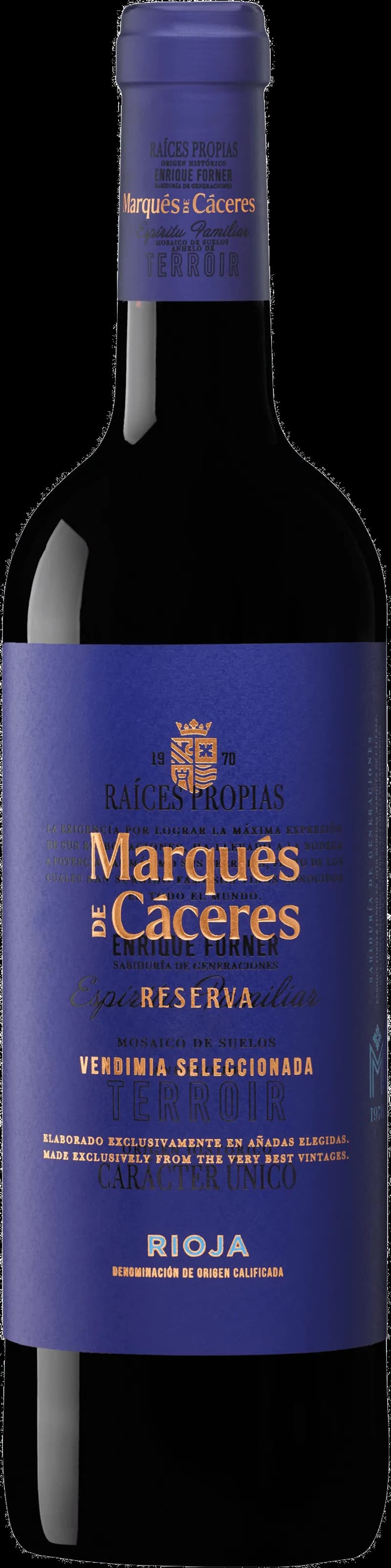 Flaska av Marqués de Cáceres rött vin mot neutral bakgrund.