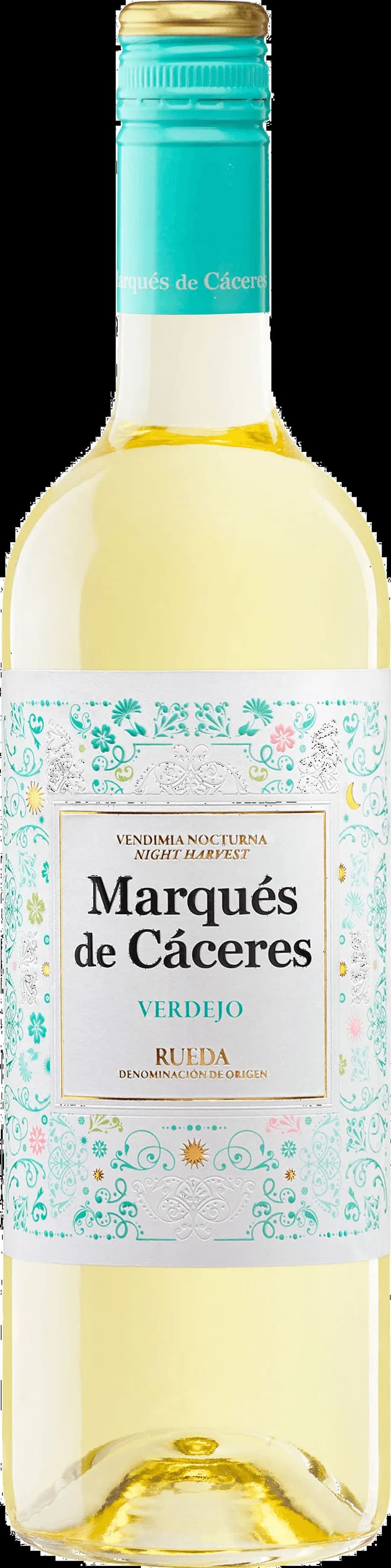 Flaska av Marqués de Cáceres vitt vin mot ljus bakgrund