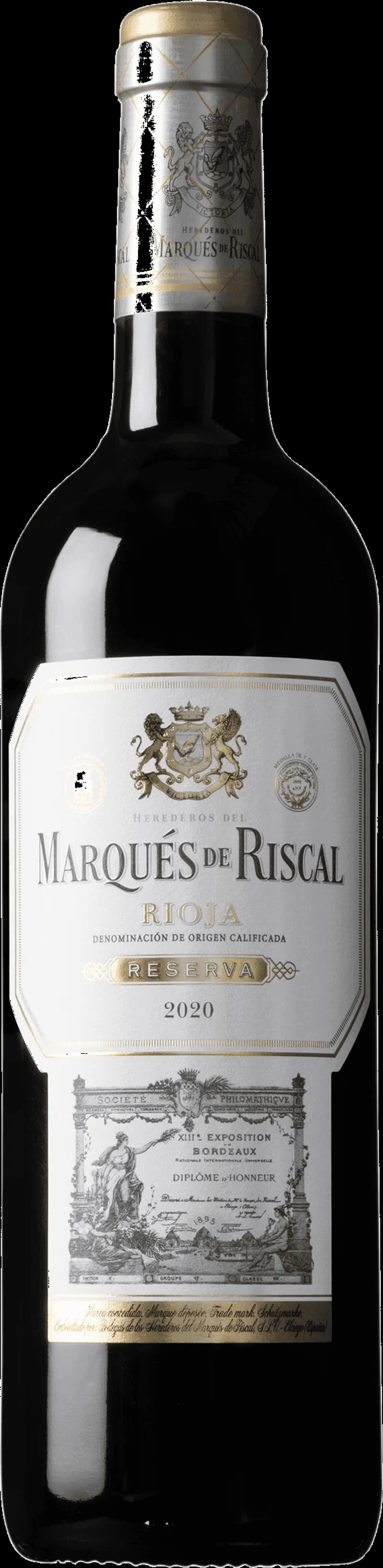 Flaska av Marqués de Riscal rött vin mot en neutral bakgrund.