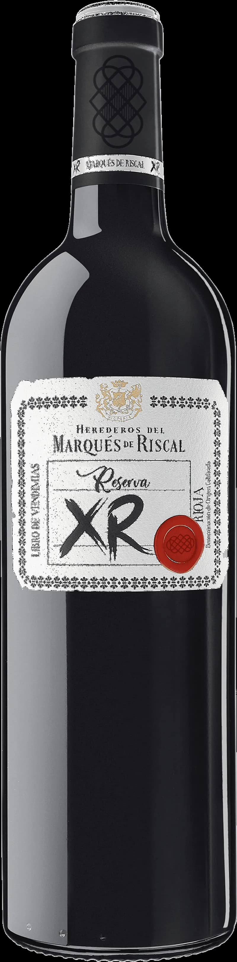 Flaska av Marqués de Riscal rött vin mot neutral bakgrund.