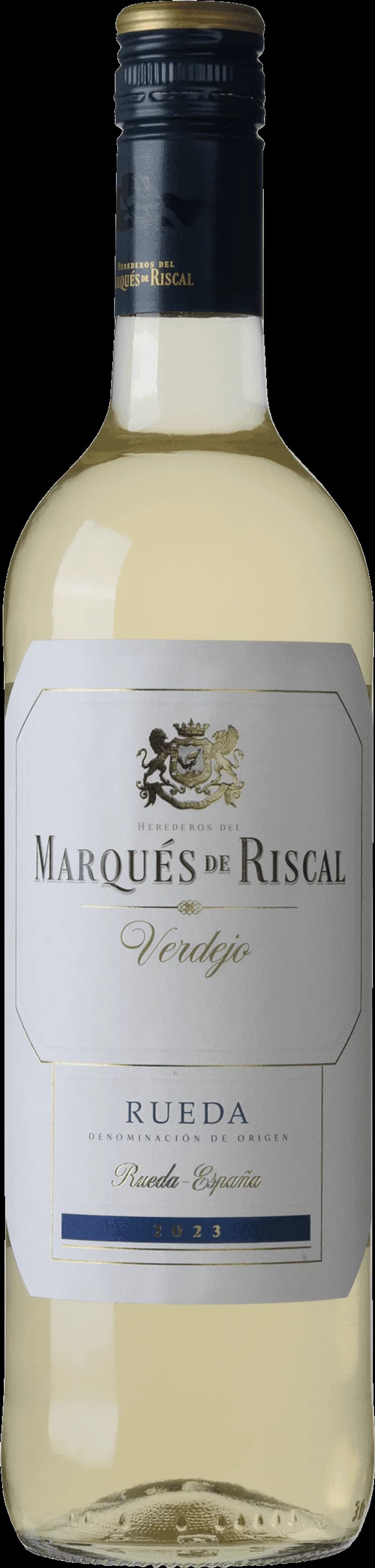 Flaska Marqués de Riscal vitt vin mot ljus bakgrund