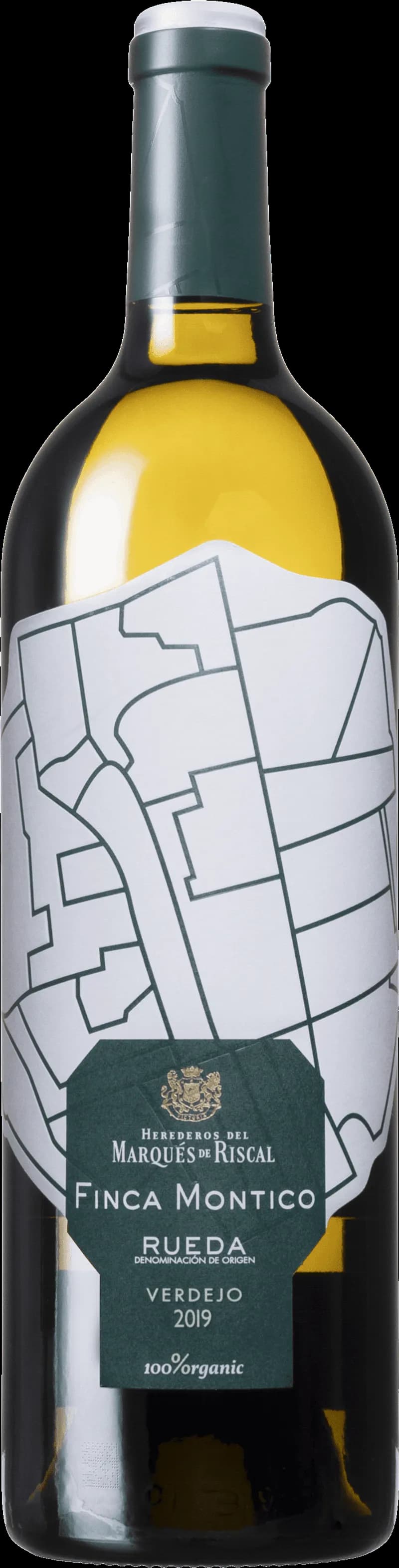 Flaska av Marqués de Riscal vitt vin mot vit bakgrund