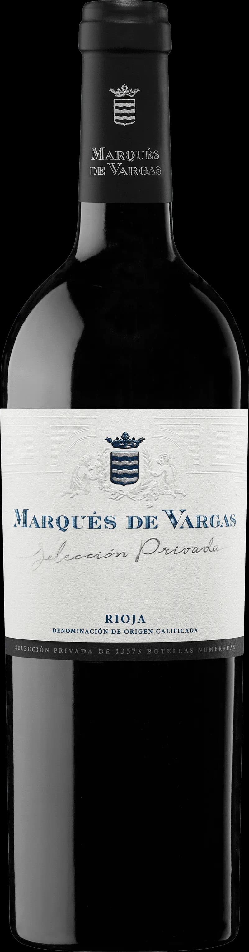 Flaska av Marqués de Vargas rött vin mot neutral bakgrund