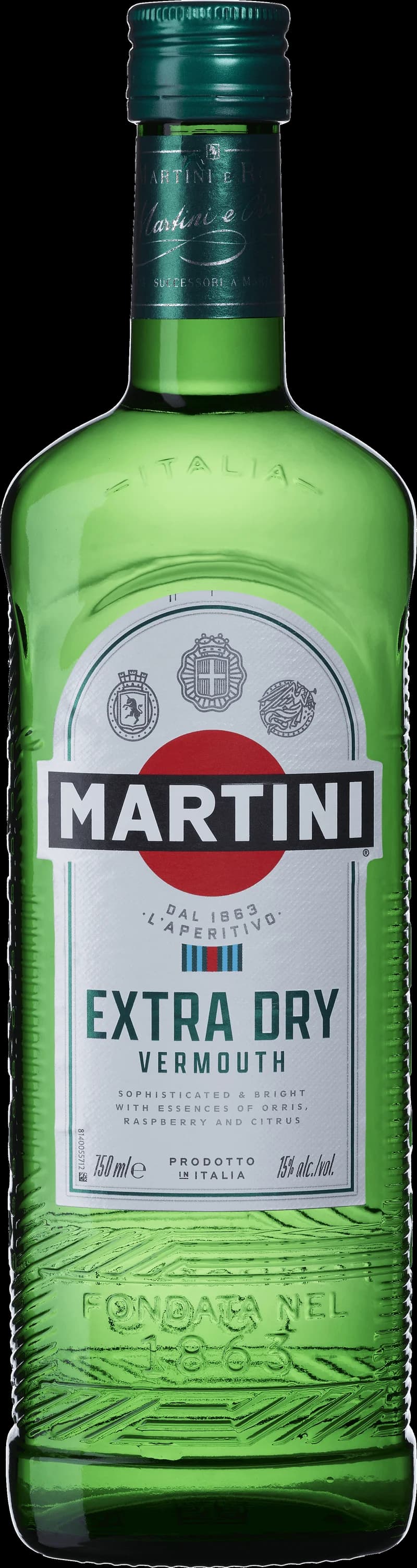En flaska Martini Vermouth på ett bord med ett glas och isbitar.