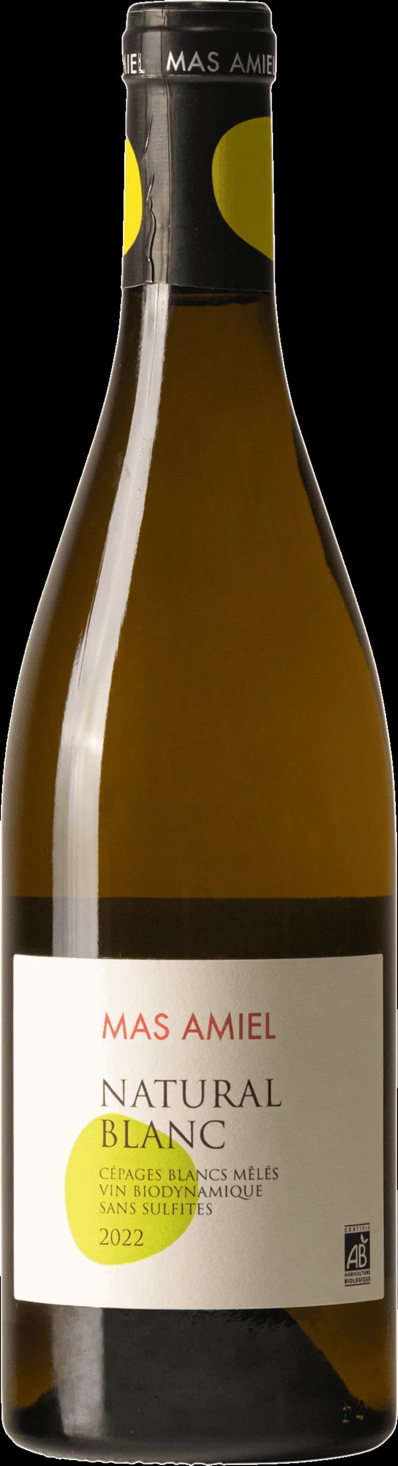 Flaska Mas Amiel vitt vin mot ljus bakgrund