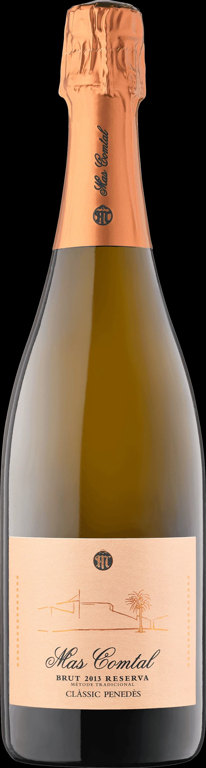 Flaska med Mas Comtal mousserande vin mot ljus bakgrund