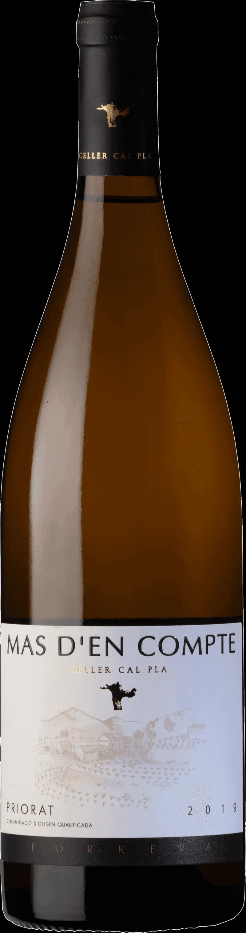 Flaska och glas med vitt vin från Mas d'en Compte Blanc.