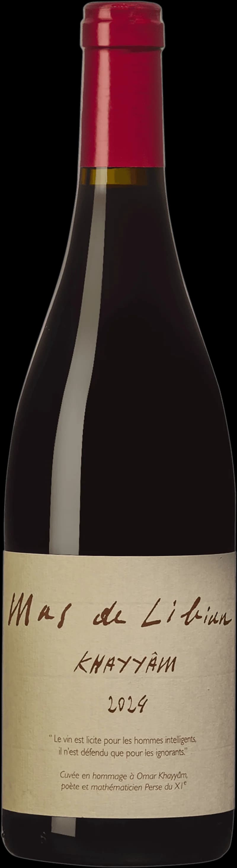Flaska med Mas de Libian rött vin mot en neutral bakgrund.