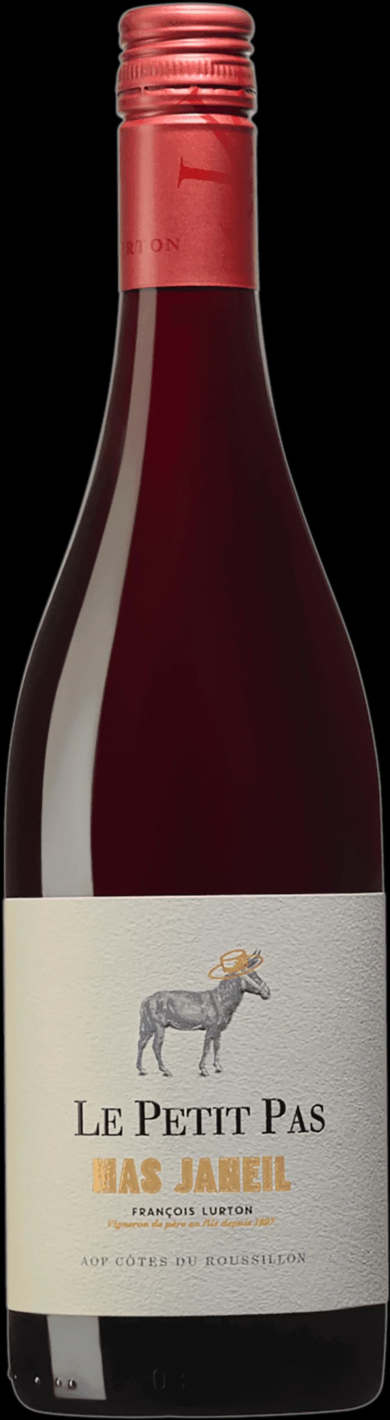 Flaska och glas med rött vin från Mas Janeil