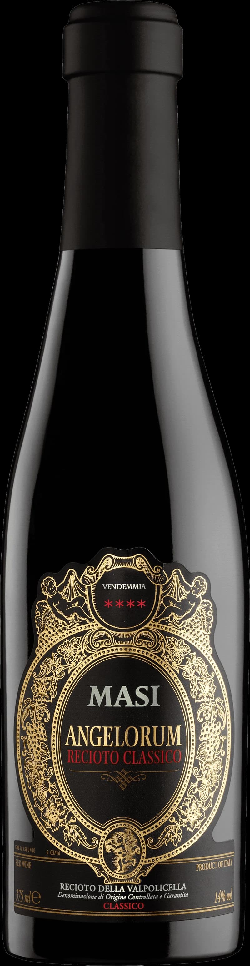 Flaska Masi Angelorum rött vin mot mörk bakgrund