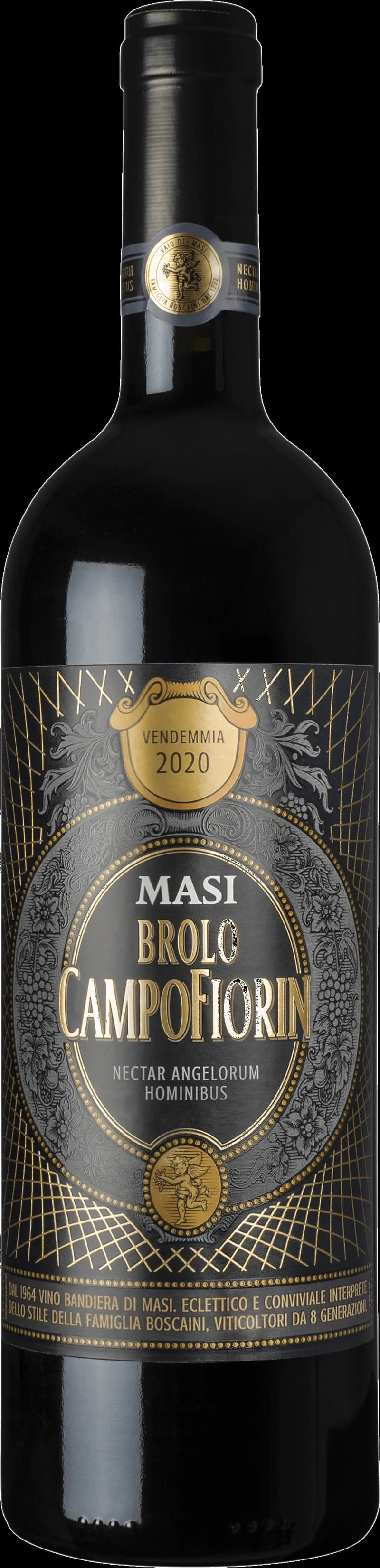 Flaska Masi Brolo Campofiorin Oro rött vin mot neutral bakgrund.