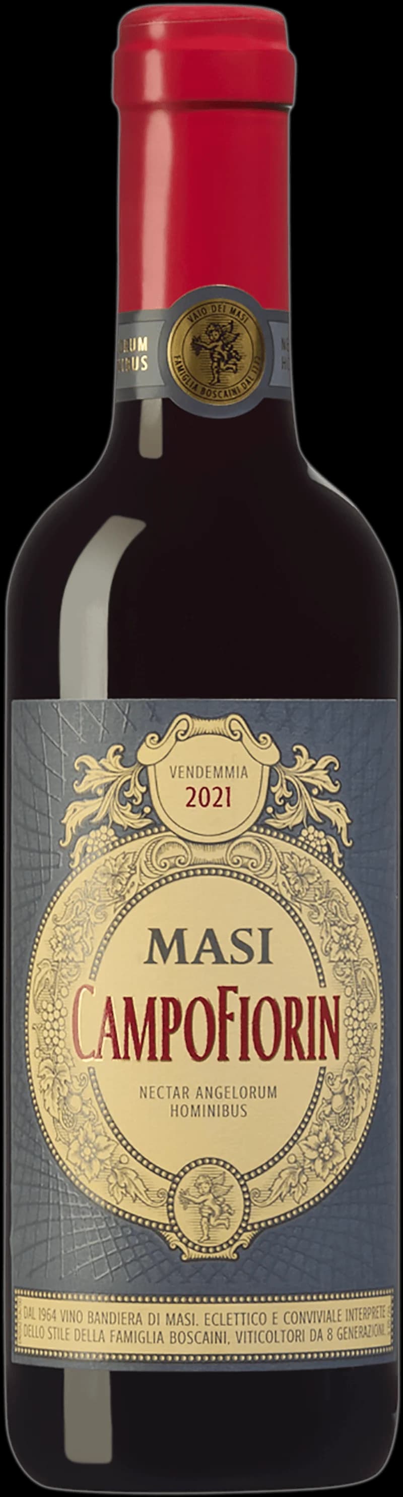 Flaska Masi Campofiorin rött vin mot neutral bakgrund