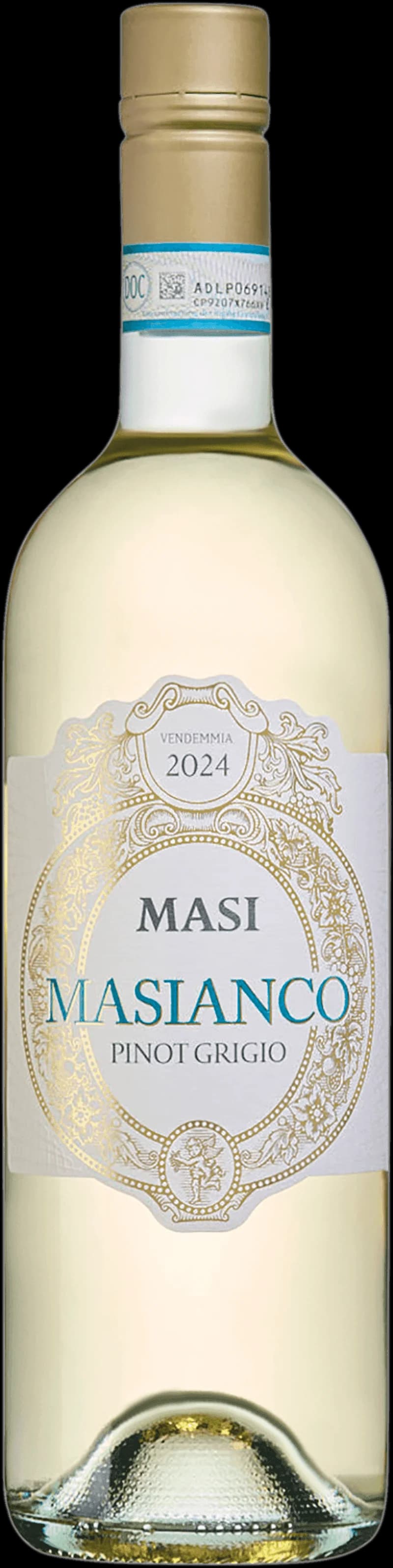 Masi Masianco vitt vin, en flaska med etikett mot en neutral bakgrund.