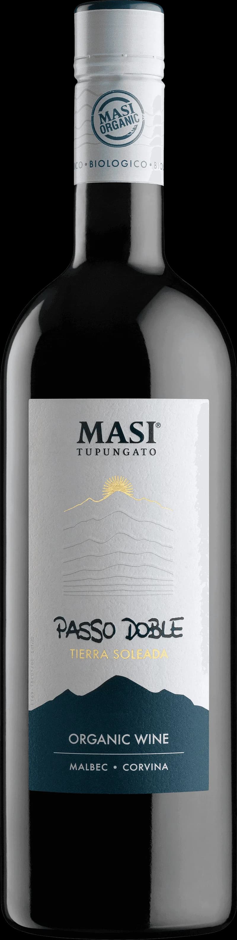 Flaska av Masi Passo Doble rött vin mot en mörk bakgrund.