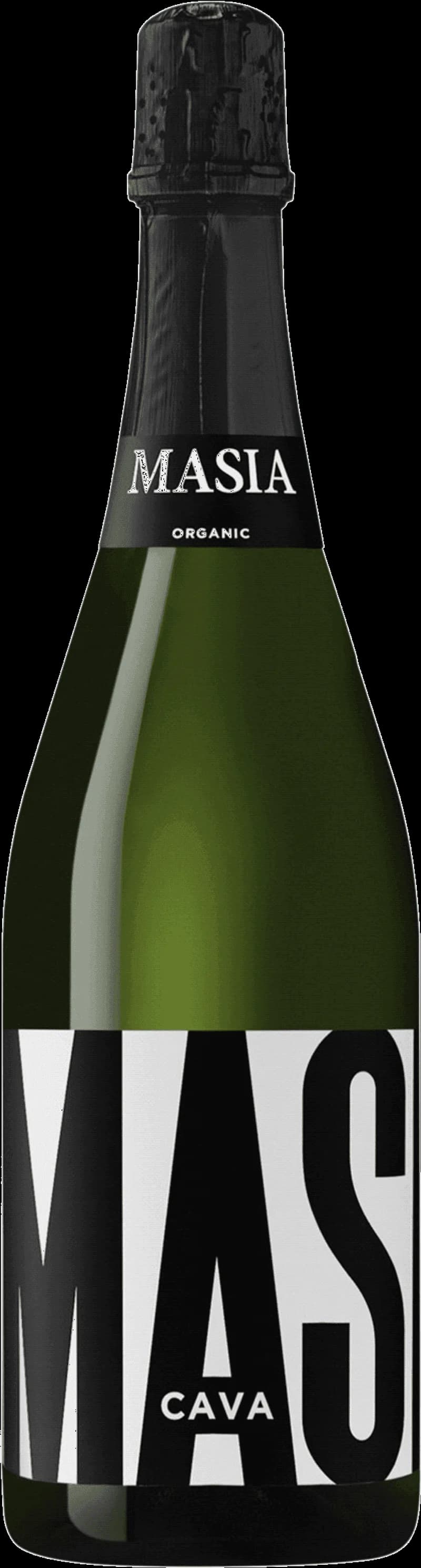 Flaska Masia Cava mousserande vin mot ljus bakgrund