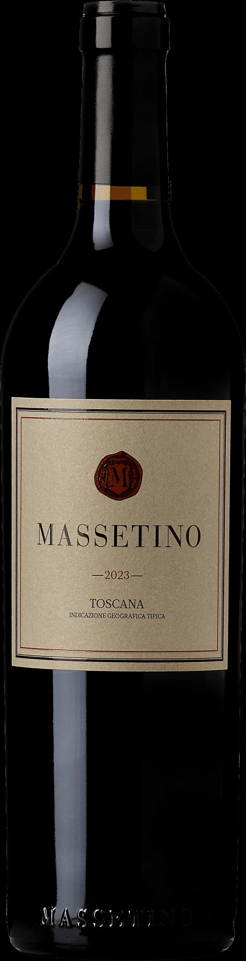 Flaska av rött vin Massetino på en bordsservering.