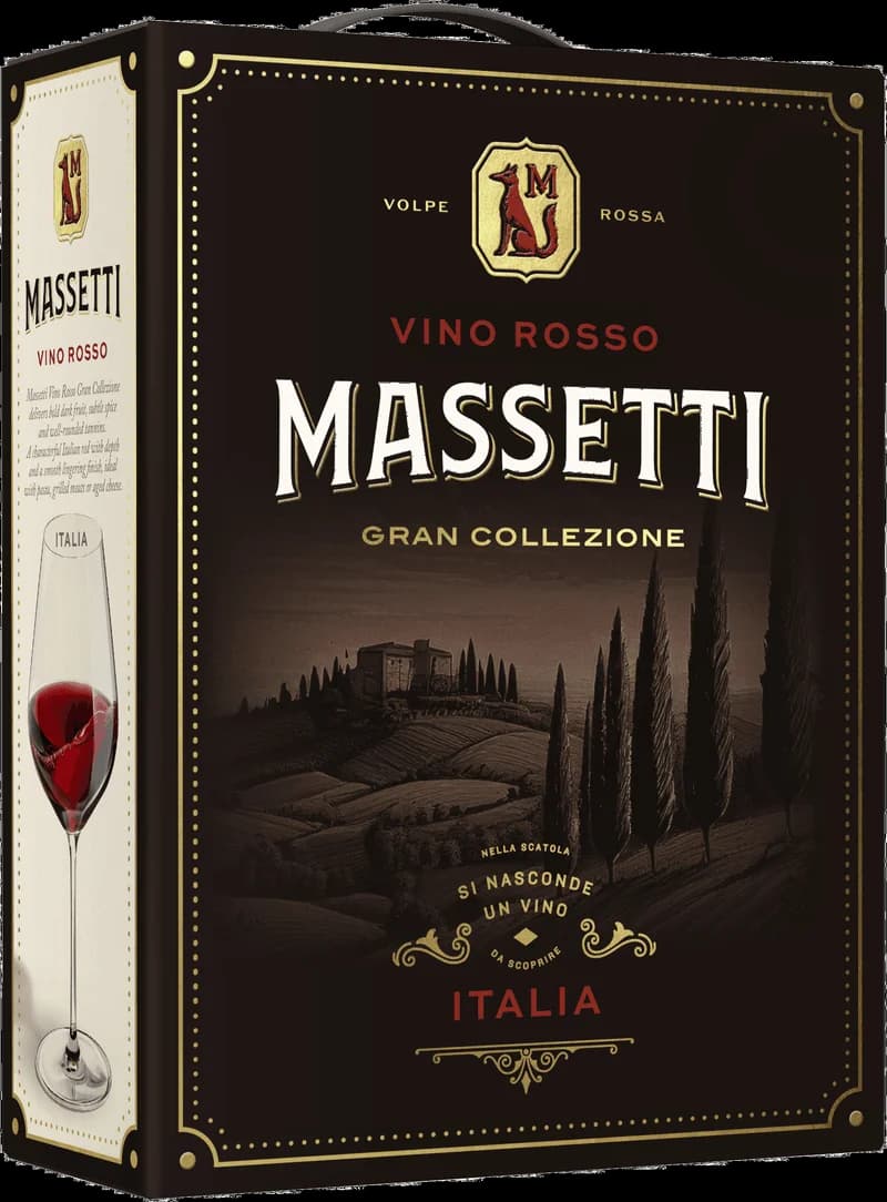 Flaska av rött vin från Massetti på en bordsservering.