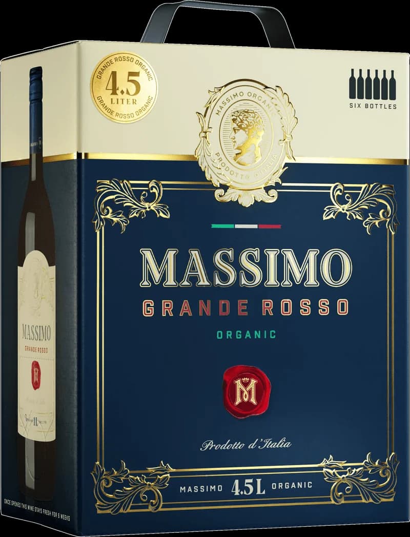 Ett glas rött vin från Massimo Rott på ett bord.
