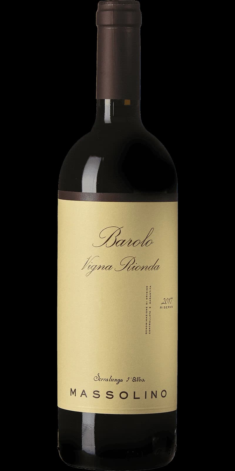 Flaska av rött vin från Massolino på en bordsservering.