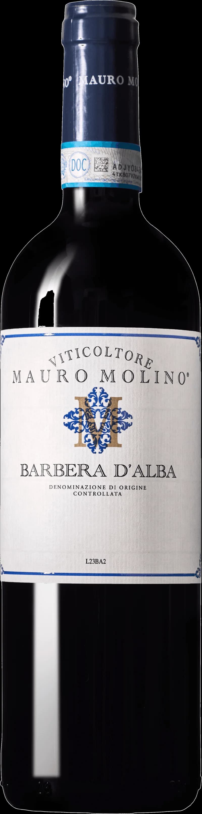 Flaska av Mauro Molino rött vin mot en mörk bakgrund.