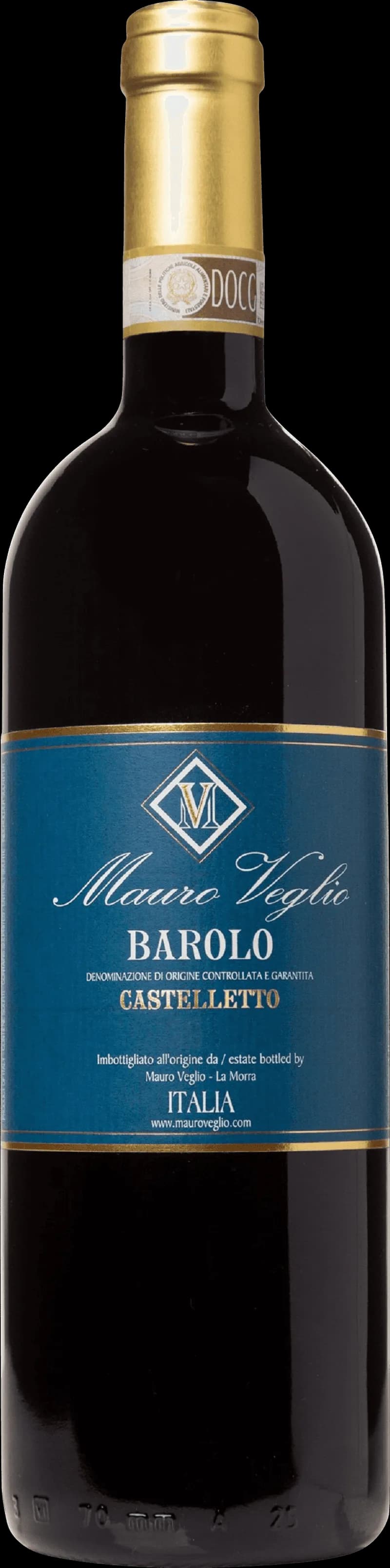 Flaska med Mauro Veglio rött vin mot mörk bakgrund