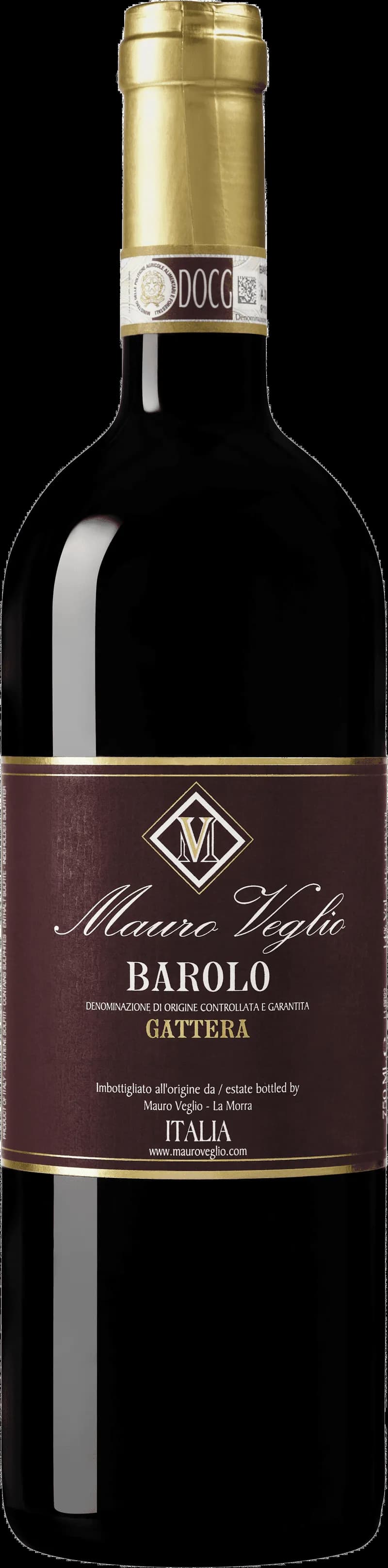Mauro Veglio rött vin i ett vinglas mot en mörk bakgrund.