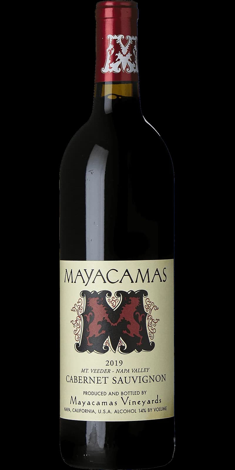 Flaska med Mayacamas rött vin mot neutral bakgrund