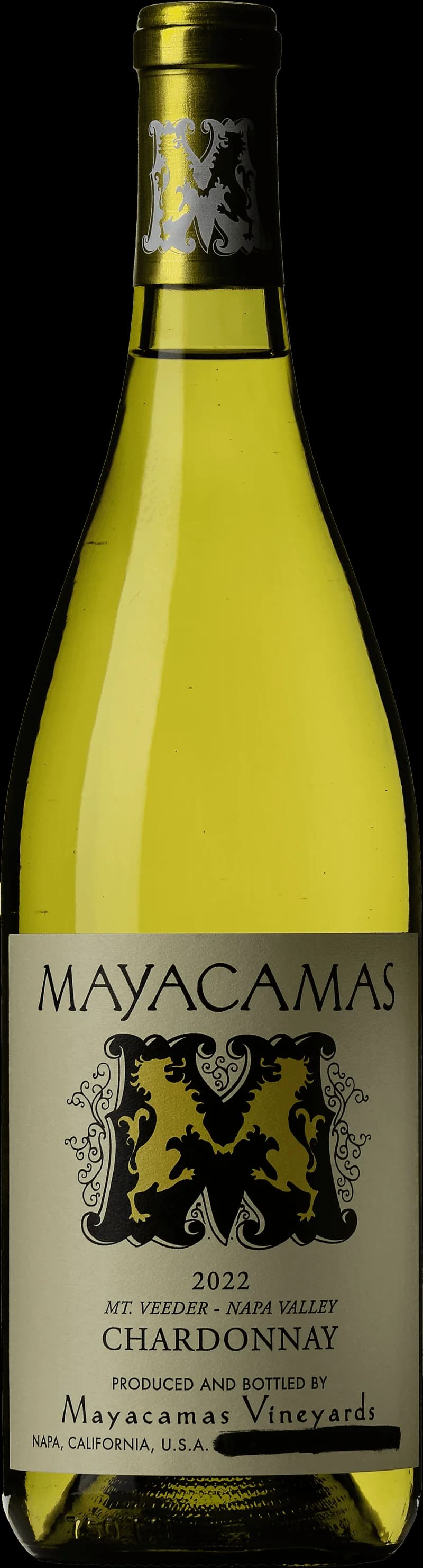 Flaska och glas med Mayacamas vitt vin mot ljus bakgrund
