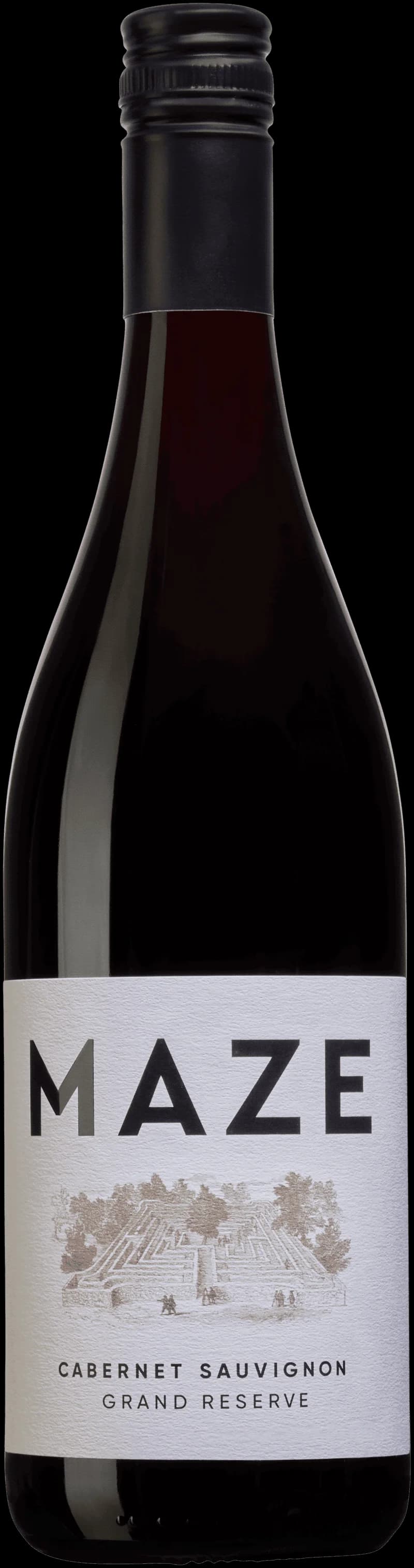 Flaska med rött vin från Maze, etikett synlig, bakgrund neutral.
