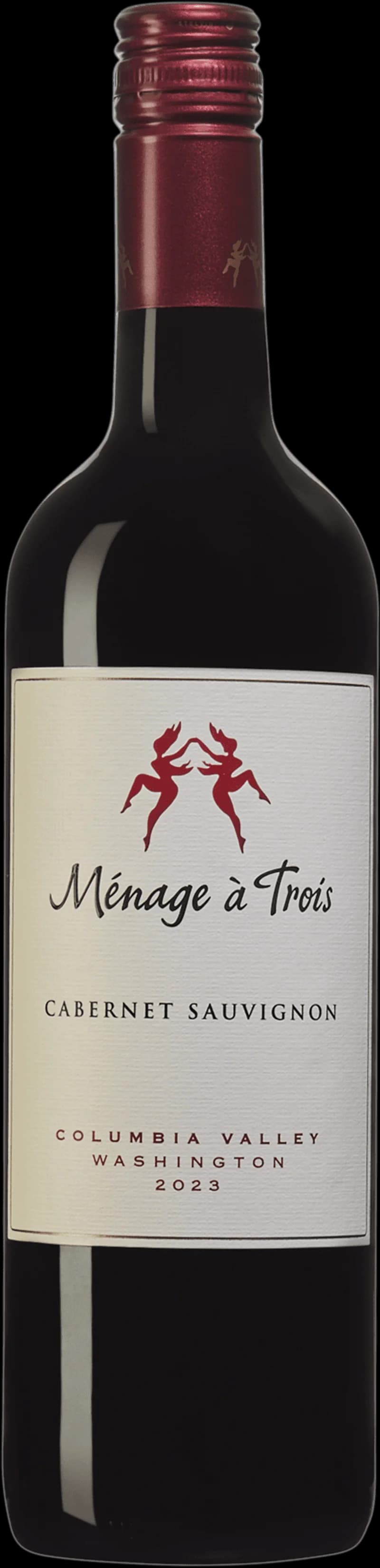 Flaska Ménage à Trois rött vin mot mörk bakgrund.