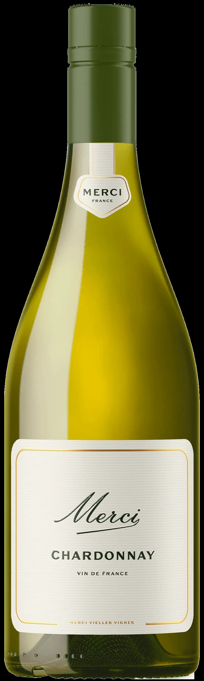 Flaska med Merci vitt vin mot ljus bakgrund.