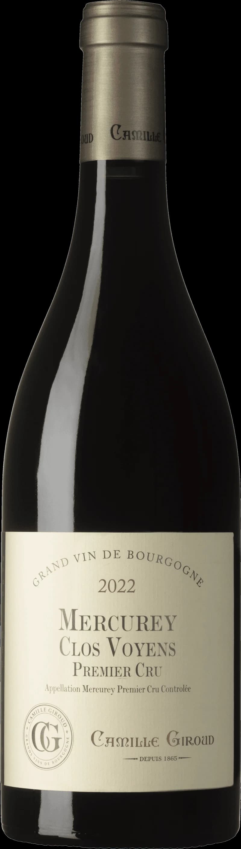 Flaska av Mercurey 1er Cru Clos Voyens rött vin från Bourgogne.