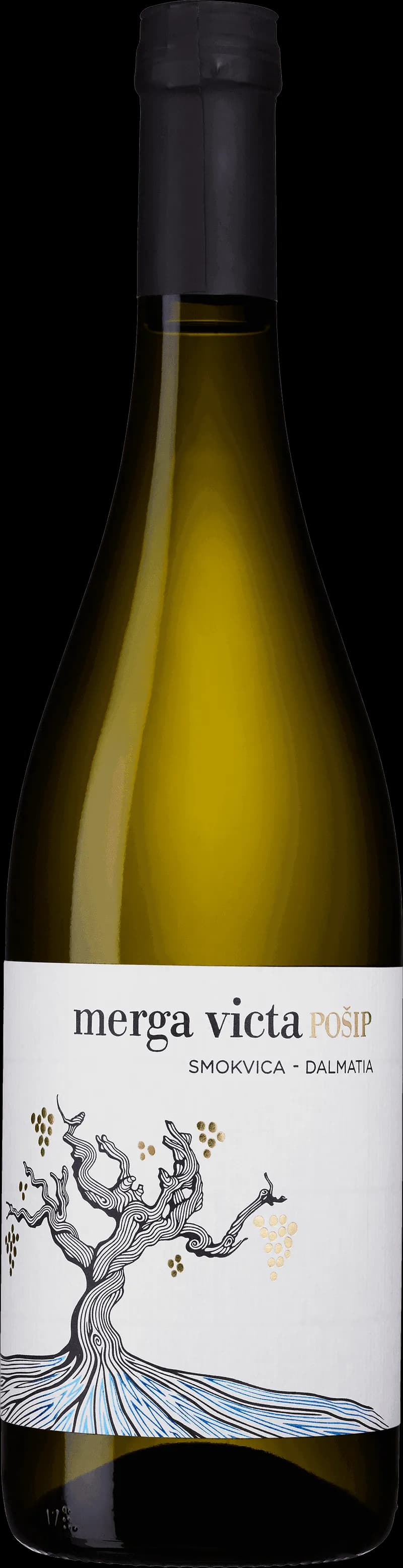 Flaska Merga Victa vitt vin mot ljus bakgrund