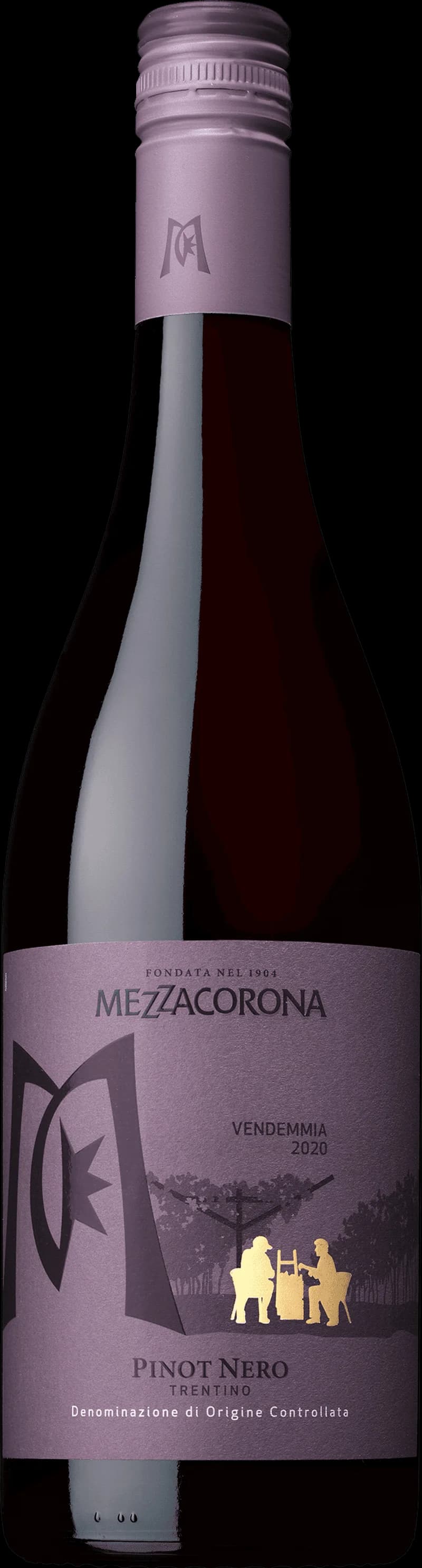 Flaska av Mezzacorona Pinot Nero rött vin mot ljus bakgrund.