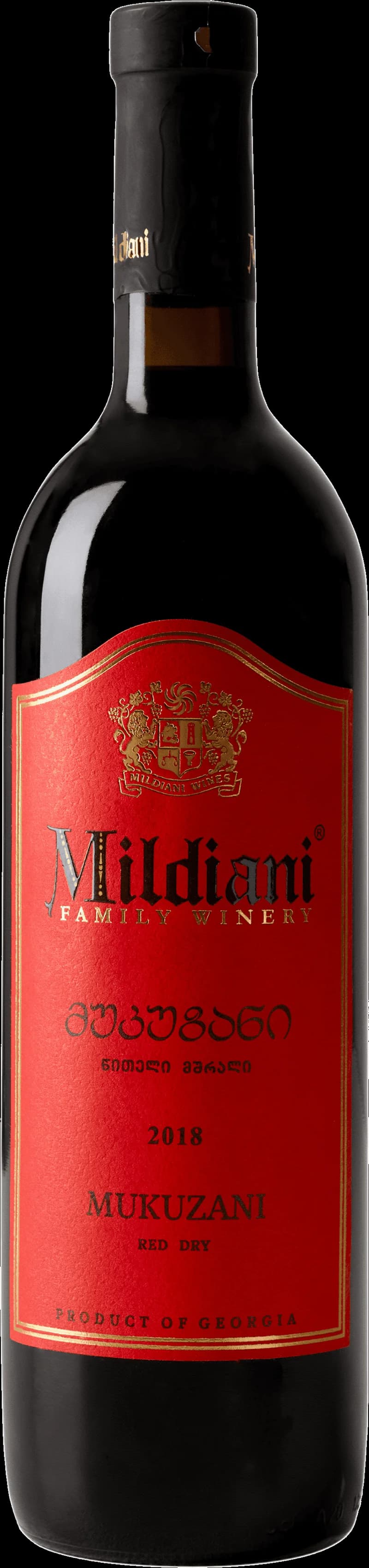 Flaska med Mildiani rött vin mot en mörk bakgrund.