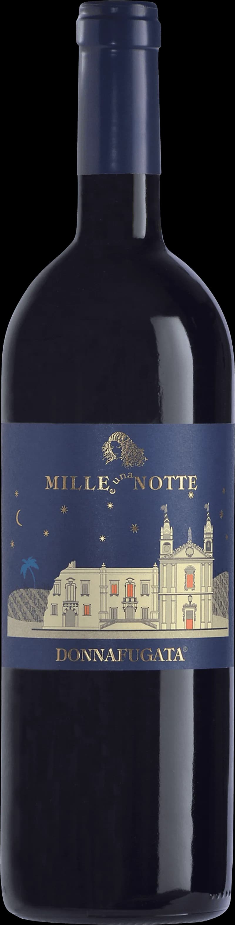 Flaska av Mille e una Notte rött vin mot mörk bakgrund