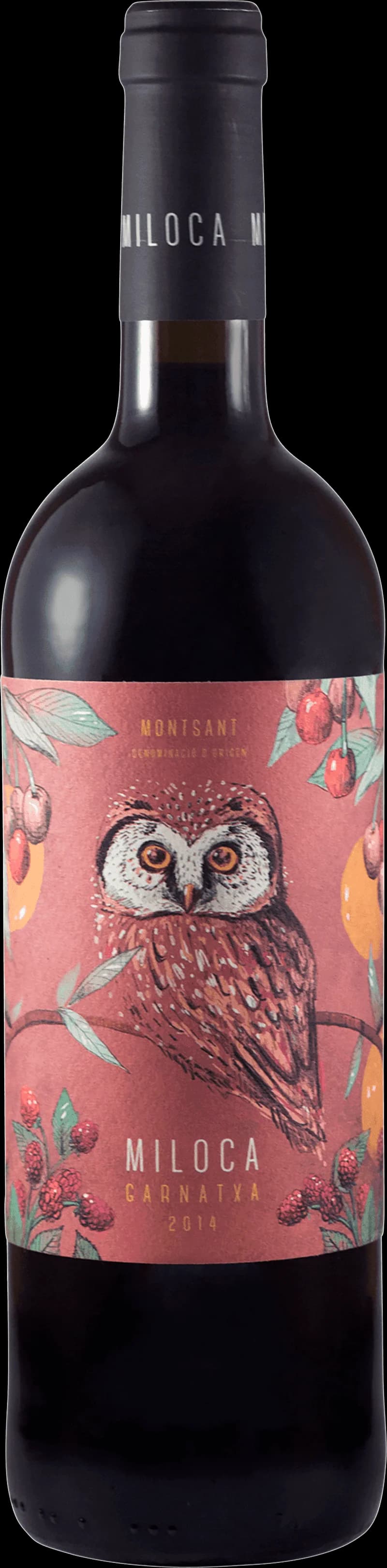 Flaska av rött vin från Miloca, Garnacha-druva, på vit bakgrund.