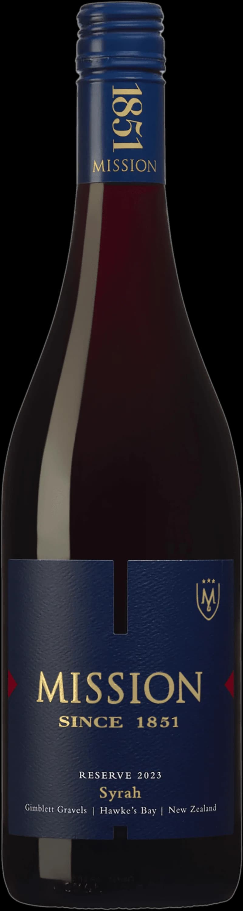 Flaska av Mission Reserve rött vin mot en mörk bakgrund.