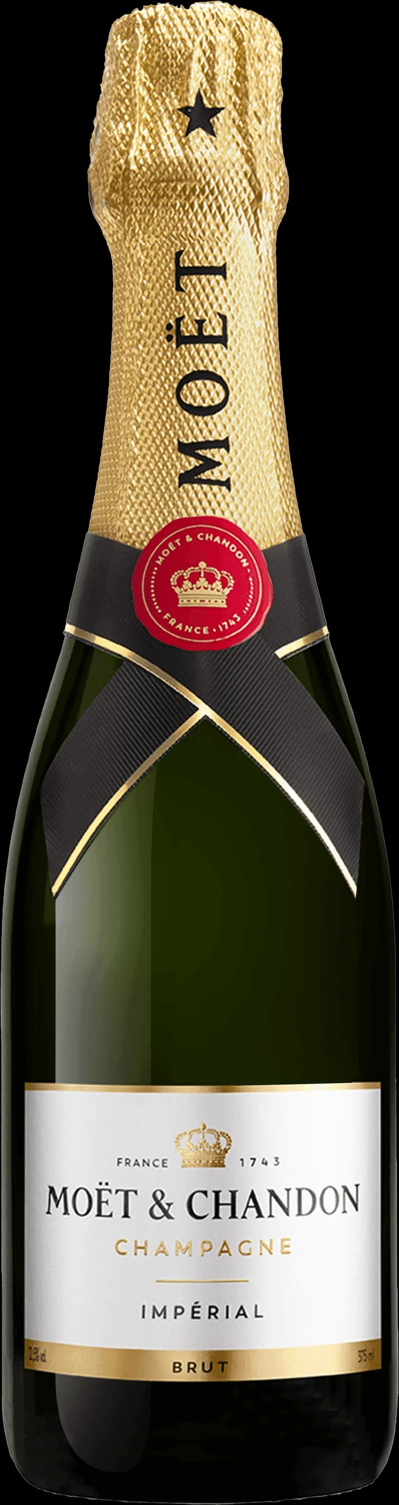 Flaska med Moët & Chandon mousserande vin mot en mörk bakgrund.