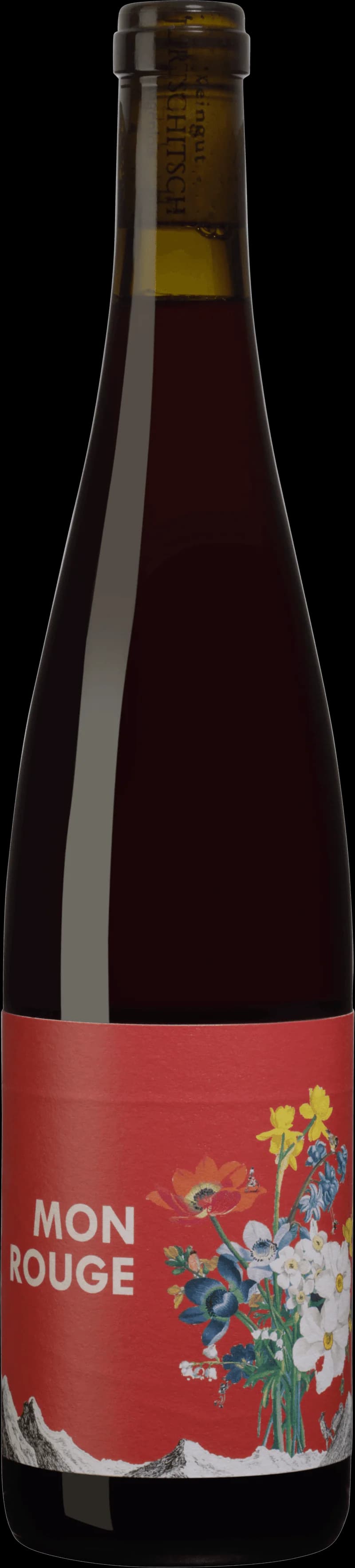 Flaska av Mon Rouge rött vin på en bordsservering.