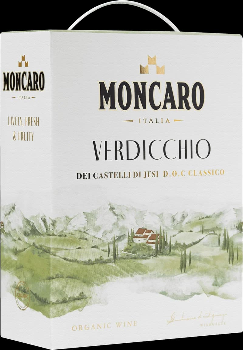 Flaska med Moncaro vitt vin mot ljus bakgrund